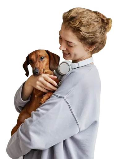 A pet parent smiling while holding their dachshund