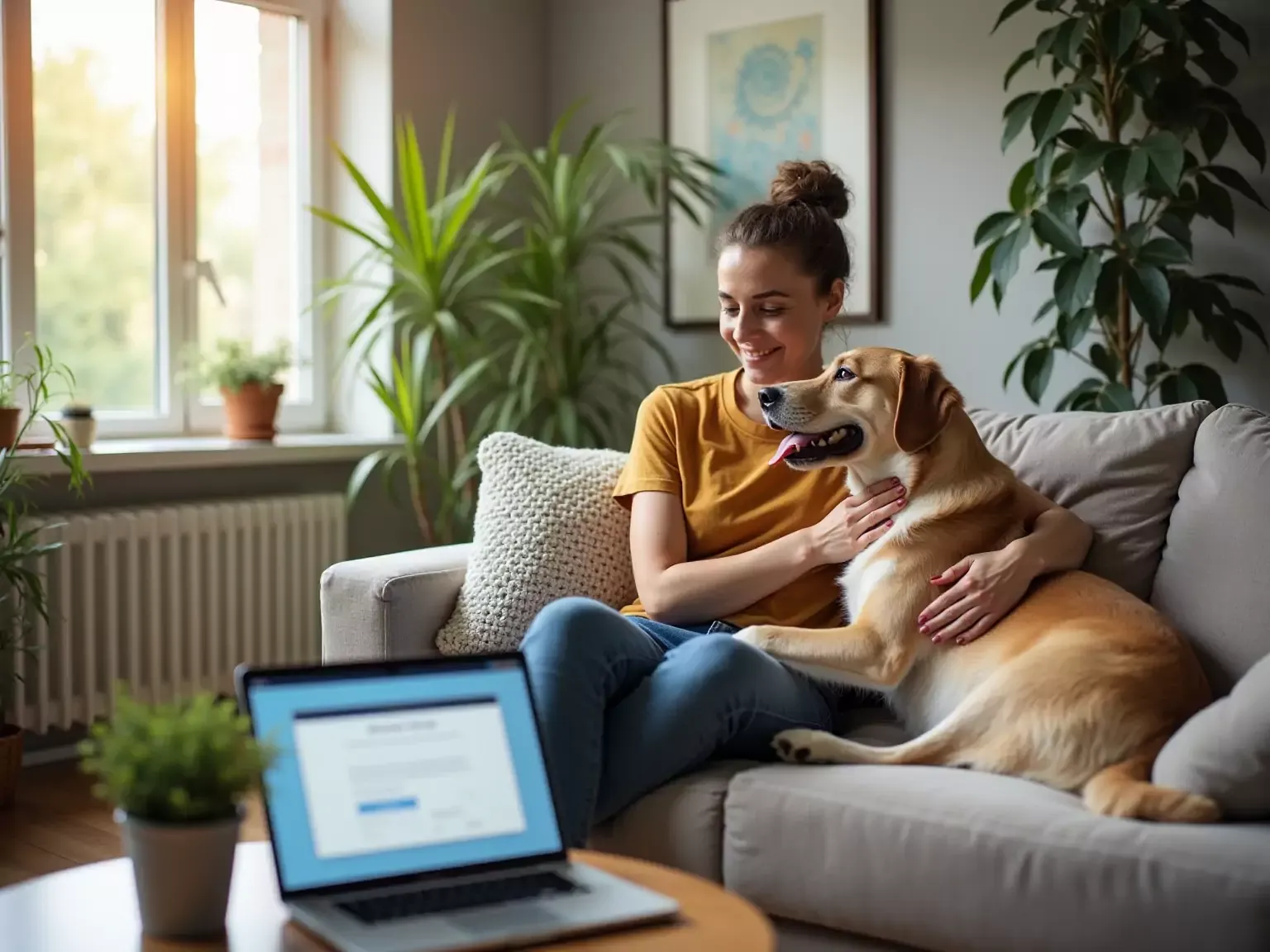 A pet parent reviewing an ESA letter consultation on a laptop at home with their dog