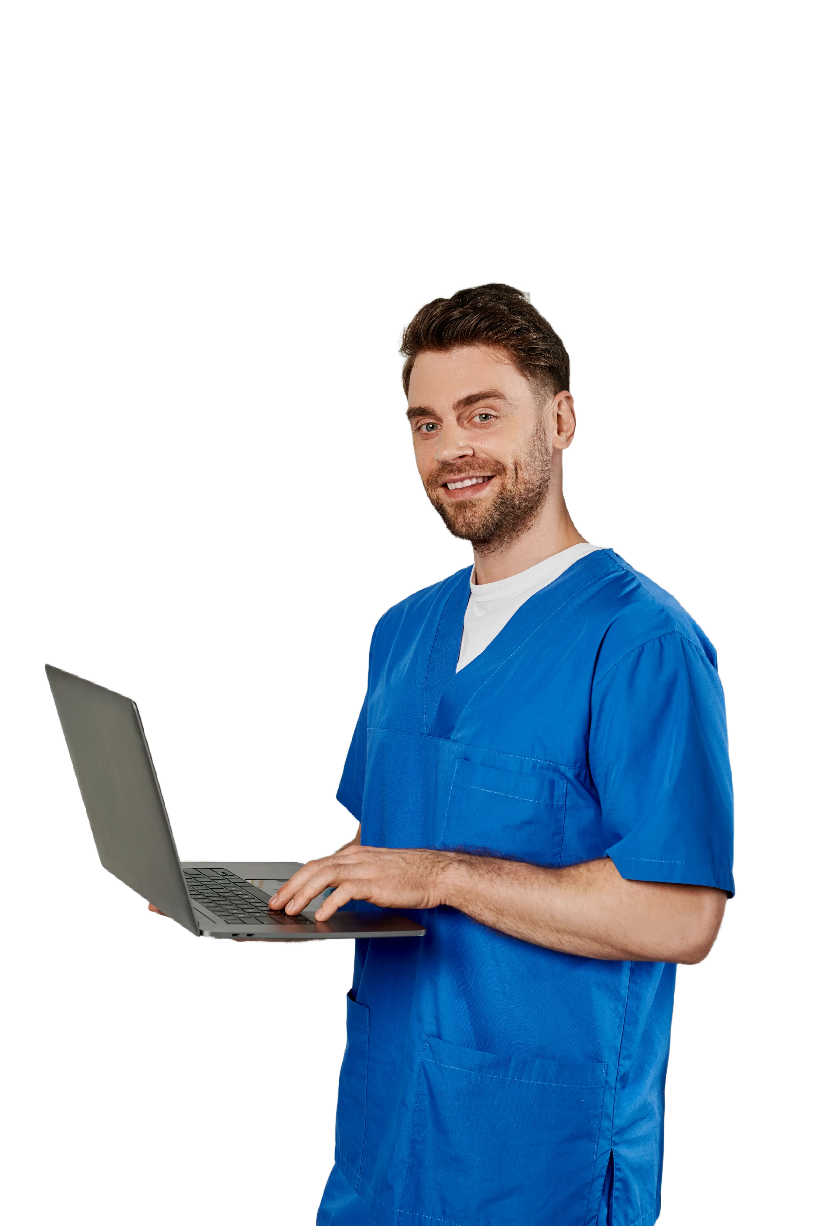 A veterinarian with a laptop
